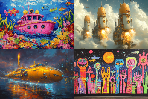 now as a mature children's illustrator, please help me write a sci-fi children's painting, which includes the universe, spaceships, aliens, rockets, airplanes, cars, the underwater world, the school playground, and lively and cute primary school students. write a prompt, using midjourney children's illustrations.
