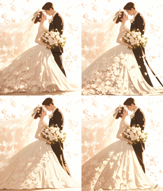 wedding theme: the bride is dressed in a white wedding dress by pronovias, gorgeous and elegant, wearing a crown, holding flowers in her hands. the groom is wearing a black suit, with one hand wrapped around the bride's slender waist and the other hand casually placed in his pocket. facing the camera, their faces are filled with joy as they are about to marry their loved ones. the new mother and groom appear fully in the frame, highlighting their characters. the white background is adorned with light pink cherry blossom petals, creating a warm and comfortable scene. this is in the style of hayao miyazaki manga, with a soft cartoon tone anime movie poster - ar 3:2-niji 6-style expressive chaos 40 stylization 800