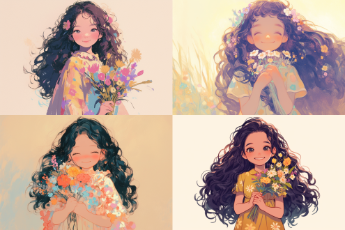 一个小女孩，手捧鲜花，黑色长卷发披散在肩上，穿着漂亮的花裙子，微笑，正视图，简笔画风格，背景干净