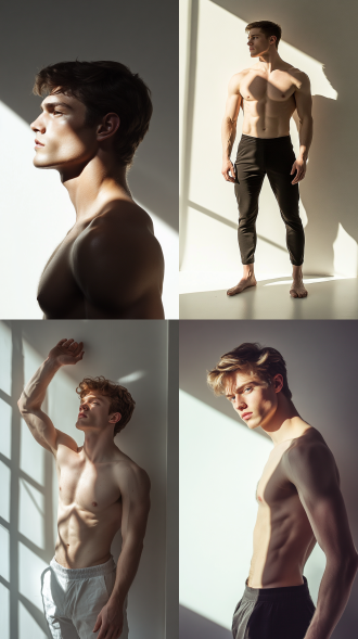 欧美白人男模特，全身照片，五官精致，皮肤细节真实，室内纯白背景，中心构图，日光照射到身体上，形成强烈的明暗立体感