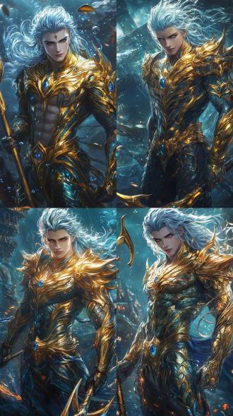 年轻英俊海神，持三叉戟挺立，蓝眸金瞳浅蓝白发，金铠甲蓝纹幽光，披风翻飞，海底宫殿背景，特写，侧逆光，高分辨率，明亮色彩，冷峻感。腰带有宝石，有裙甲，头盔三叉戟形状，稍微覆盖左右脸，头盔中间有璀璨蓝宝石