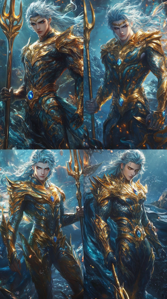 年轻英俊海神，持三叉戟挺立，蓝眸金瞳浅蓝白发，金铠甲蓝纹幽光，披风翻飞，海底宫殿背景，特写，侧逆光，高分辨率，明亮色彩，冷峻感。腰带有宝石，有裙甲，头盔三叉戟形状，稍微覆盖左右脸，头盔中间有璀璨蓝宝石