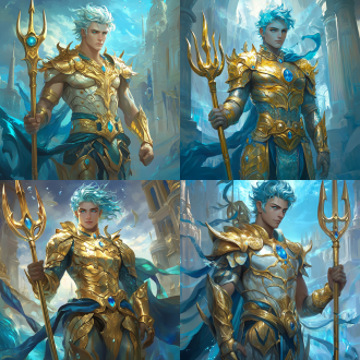 年轻英俊海神，持三叉戟挺立，蓝眸金瞳浅蓝白发，金铠甲蓝纹幽光，披风翻飞，海底宫殿背景，特写，侧逆光，高分辨率，明亮色彩，冷峻感。腰带有宝石，有裙甲，头盔三叉戟形状，稍微覆盖左右脸，头盔中间有璀璨蓝宝石