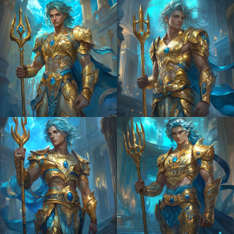 年轻英俊海神，持三叉戟挺立，蓝眸金瞳浅蓝白发，金铠甲蓝纹幽光，披风翻飞，海底宫殿背景，特写，侧逆光，高分辨率，明亮色彩，冷峻感。腰带有宝石，有裙甲，头盔三叉戟形状，稍微覆盖左右脸，头盔中间有璀璨蓝宝石