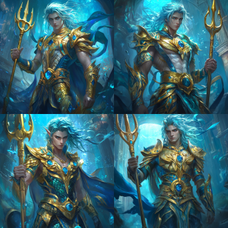 年轻英俊海神，持三叉戟挺立，蓝眸金瞳浅蓝白发，金铠甲蓝纹幽光，披风翻飞，海底宫殿背景，特写，侧逆光，高分辨率，明亮色彩，冷峻感。腰带有宝石，有裙甲，头盔三叉戟形状，稍微覆盖左右脸，头盔中间有璀璨蓝宝石