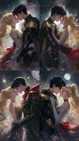 美少女战士的画风，地场卫和水冰月，英俊的黑色短发地球王子和美丽的金色长发月亮公主，王子穿着黑色铠甲，铠甲有金色花纹，王子有黑色披风，披风内侧是红色，被风吹得翻飞，拥吻，日漫画风，有银河，星光，有银白色宫殿做背景。