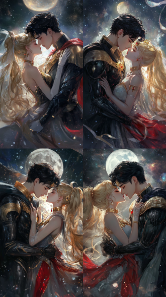 美少女战士的画风，地场卫和水冰月，英俊的黑色短发地球王子和美丽的金色长发月亮公主，王子穿着黑色铠甲，铠甲有金色花纹，王子有黑色披风，披风内侧是红色，被风吹得翻飞，拥吻，日漫画风，有银河，星光，有银白色宫殿做背景。