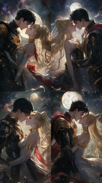 美少女战士的画风，地场卫和水冰月，英俊的黑色短发地球王子和美丽的金色长发月亮公主，王子穿着黑色铠甲，铠甲有金色花纹，王子有黑色披风，披风内侧是红色，被风吹得翻飞，拥吻，日漫画风，有银河，星光，有银白色宫殿做背景。