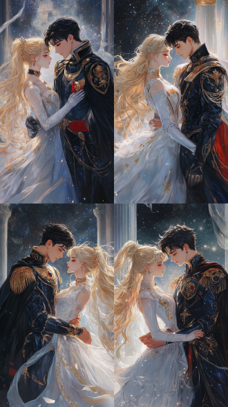 美少女战士的画风，地场卫和水冰月，英俊的黑色短发地球王子和美丽的金色长发月亮公主，王子穿着蓝黑色皇族服装，衣服外有金色铠甲带黑色花纹，头发是微分碎盖，领子很高，有金色花纹，肩膀上有两块银白色金属肩甲，肩甲向外突出，有金色花纹，王子有黑色披风，披风内侧是红色，被风吹得翻飞。公主一身白色长裙带红色花纹，镶嵌宝石。两人在跳舞，高清，高画质，有侧光，日漫画风，有银河，星光，有银白色宫殿做背景。