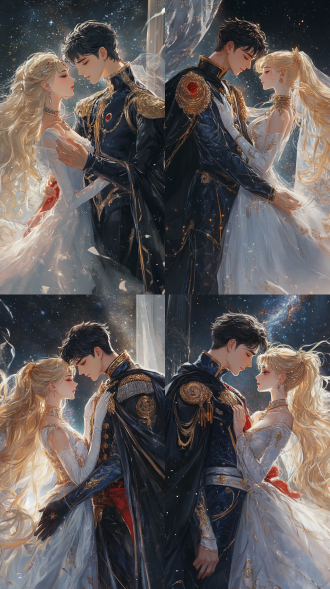 美少女战士的画风，地场卫和水冰月，英俊的黑色短发地球王子和美丽的金色长发月亮公主，王子穿着蓝黑色皇族服装，衣服外有金色铠甲带黑色花纹，头发是微分碎盖，领子很高，有金色花纹，肩膀上有两块银白色金属肩甲，肩甲向外突出，有金色花纹，王子有黑色披风，披风内侧是红色，被风吹得翻飞。公主一身白色长裙带红色花纹，镶嵌宝石。两人在跳舞，高清，高画质，有侧光，日漫画风，有银河，星光，有银白色宫殿做背景。