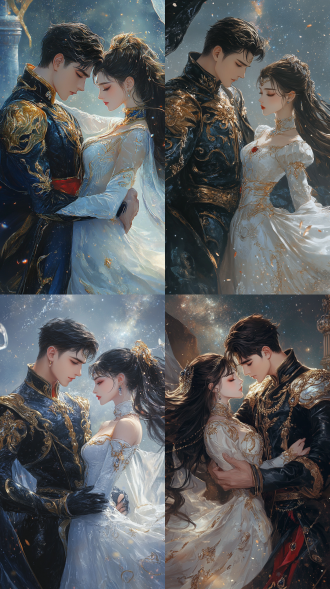 美少女战士的画风，地场卫和水冰月，英俊的黑色短发地球王子和美丽的金色长发月亮公主，王子穿着蓝黑色皇族服装，衣服外有金色铠甲带黑色花纹，头发是微分碎盖，领子很高，有金色花纹，肩膀上有两块银白色金属肩甲，肩甲向外突出，有金色花纹，王子有黑色披风，披风内侧是红色，被风吹得翻飞。公主一身白色长裙带红色花纹，镶嵌宝石。两人在跳舞，高清，高画质，有侧光，日漫画风，有银河，星光，有银白色宫殿做背景。