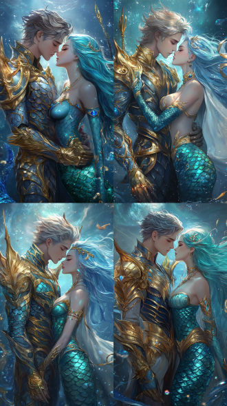 年轻英俊的海皇子，王子身穿渐变的蓝色龙鳞甲，闪着光，龙鳞铠甲外面套着金色铠甲，金色铠甲上有蓝色发光的三叉戟纹路，有浅蓝色纹路，金色的腰带上有三叉戟纹路，有金色的裙甲和腿甲，腿甲金色有蓝色纹路，头发是浅蓝色长发，发量较多，领子很高，有金色花纹，肩膀上有两块金色多层的肩甲，肩甲向外突出，有金色花纹，身后有白色披风，披风内侧是纯蓝色，被风吹得翻飞。王子强吻一名美人鱼公主，公主上身是蓝绿色上衣，镶嵌宝石。高清，高画质，有侧光，日漫画风，有银河，星光，有海底宫殿做背景。