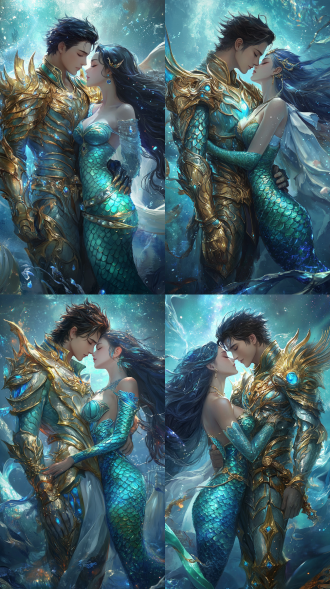 年轻英俊的海皇子，王子身穿渐变的蓝色龙鳞甲，闪着光，龙鳞铠甲外面套着金色铠甲，金色铠甲上有蓝色发光的三叉戟纹路，有浅蓝色纹路，金色的腰带上有三叉戟纹路，有金色的裙甲和腿甲，腿甲金色有蓝色纹路，头发是浅蓝色长发，发量较多，领子很高，有金色花纹，肩膀上有两块金色多层的肩甲，肩甲向外突出，有金色花纹，身后有白色披风，披风内侧是纯蓝色，被风吹得翻飞。王子强吻一名美人鱼公主，公主上身是蓝绿色上衣，镶嵌宝石。高清，高画质，有侧光，日漫画风，有银河，星光，有海底宫殿做背景。