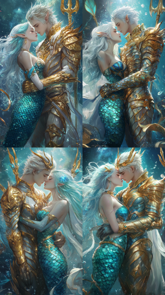 年轻英俊的海皇子，王子身穿渐变的蓝色龙鳞甲，闪着光，龙鳞铠甲外面套着金色铠甲，金色铠甲上有蓝色发光的三叉戟纹路，有浅蓝色纹路，金色的腰带上有三叉戟纹路，有金色的裙甲和腿甲，腿甲金色有蓝色纹路，头发是浅蓝色长发，发量较多，领子很高，有金色花纹，肩膀上有两块金色多层的肩甲，肩甲向外突出，有金色花纹，身后有白色披风，披风内侧是纯蓝色，被风吹得翻飞。王子强吻一名美人鱼公主，公主上身是蓝绿色上衣，镶嵌宝石。高清，高画质，有侧光，日漫画风，有银河，星光，有海底宫殿做背景。