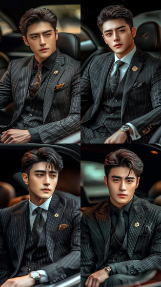 年轻英俊总裁坐豪华轿车内，三分法构图，高清画质，侧光，冷色调，长焦镜头，车内环境，西装革履，表情淡定，安静沉稳。