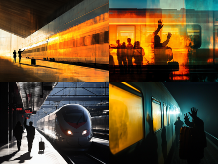 高铁出站瞬间，旅客挥手剪影与车窗倒影重叠，行李箱拖光轨，对角线构图，左列车虚影右聚焦手臂灯光，冷暖对比，长焦，侧逆光，动感。