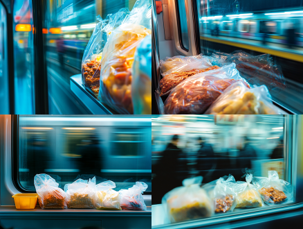 高铁车厢临窗桌板塑料袋露肉酱等食物，对角线构图，窗外站台人流虚影，冷暖对比，动感，侧光，长焦镜头，暖黄与冷蓝调。