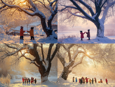 东北乡村大树下孩童互换糖果，雪景晨光，三分法布局，暖冷色调交织，长焦镜头，逆光，慢快门，互动，温馨。