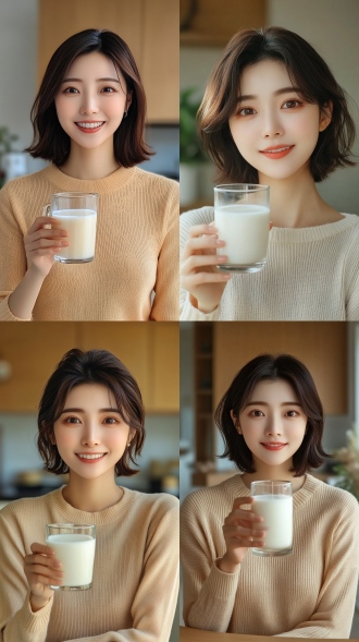 一位中国女人拿着一杯牛奶，穿着毛衣，短发，愉悦，放松，健康，阳光，居家背景，最好画质