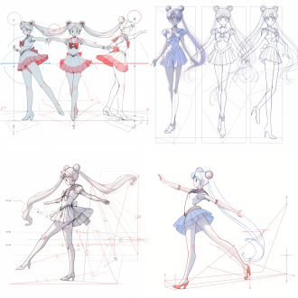 to create a design draft for tsukino usagi as sailor moon in “sailor moon”, we will start with a white background sketch. this line diagram will outline the iconic sailor moon character features and proportions of the moon hare as the basis for the design. martial arts movements, dynamic postures. then, the 3d display effect enhances the depth and realism of the depiction, allowing the audience to appreciate the unique features and unforgettable presence of sailor moon. the dimensions of the sketch will be clearly marked to ensure accuracy and precision. once the lines are drawn, we will use vibrant white, red, gold, and blue color schemes to add some colors to the character's body locally, consistent with sailor moon's iconic appearance.