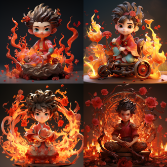 魔童哪吒，爱心河，风火轮，梳着两个丸子头，哪吒指尖绽放火焰玫瑰，3d渲染