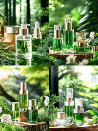 护肤化妆品套装，居中对称构图，环保原木与橄榄绿背景，微距镜头，柔和侧光，透明液体与标签，自然色调，8k高清，轻松愉悦。