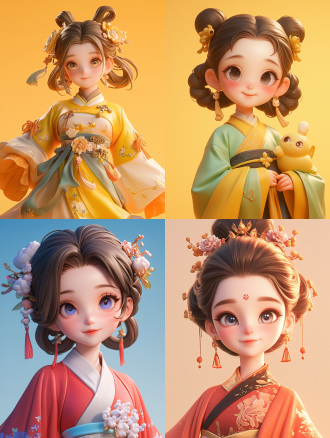 q版卡通ip女孩3d模型，正面构图，纯色背景，明亮鲜艳色，柔和光，穿汉朝服饰微笑，细节丰富，童趣活泼，高画质聚焦。