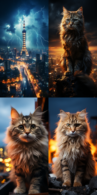 布偶猫午夜栖昆仑塔顶，建筑群环绕，低角度构图，长曝光，青蓝琥珀霓虹，雷暴闪电，尼康z9 24mm广角，8k，1:1，奇幻氛围。