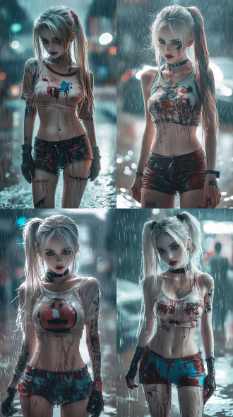 雨中漫步少女，穿紧身短袖短裤，三分法构图，城市街道，冷色调，电影级，超清，顶光，慢快门，闲适，艺术感强。
