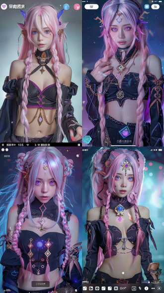 realistic portrait, highly accurate to the reference image of genshin impact character xitlali, blue eyes with pink pupils, detailed facial markings, pale skin with icy luminance, gradient pink to purple hair with braided strands, triangular metal hairpin with a glowing star, intricate golden and silver jewelry, black cropped sweater with precise stitching and golden astral embroidery, open back with silver chain, knee-high boots with glowing patterns, dynamic fabric simulation, glowing ice orb pendant, realistic lighting, high-quality 8k resolution, no stylization