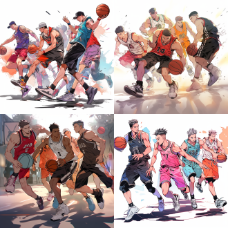 五个男性模特正面展示多样宽松运动服，做篮球动作，无背景，手绘效果，现代复古街头风，侧光，广角，冷色高对比。