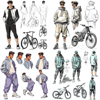 男性模特展示运动装，正侧背多角度，骑行动作，宽松版型，手绘，无背景，现代复古街头风，侧光，广角，冷色高对比。
