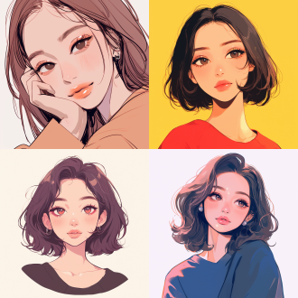 女生插画，大眼睛微笑，室内，淡雅小清新色，卡通风简洁线条，柔和光，平视，doodle风，安迪·沃霍尔感，白背景，韩妆，温馨愉悦