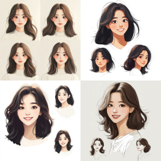 女生插画，大眼睛微笑中短发多角度，室内，淡雅小清新色，卡通风简洁线条，柔和光，平视，温馨愉悦，doodle,安迪沃霍尔风，白背景韩妆