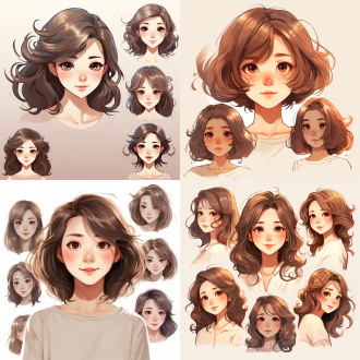 女生插画，中短发多角度，大眼睛微笑，室内，淡雅小清新色，卡通风简洁线条，柔和光，平视，温馨愉悦，doodle风，白背景，韩妆