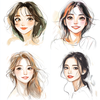 女生插画，大眼睛微笑，室内，淡雅小清新色，素描风，柔和光，温馨愉悦，平视，doodle，手绘图，正视图，安迪沃霍尔风，白背景，韩妆