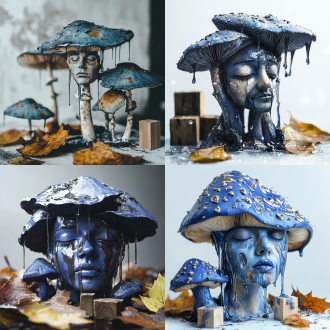 蓝色蘑菇带戏精脸，伞盖滴神秘液体，树叶木块点缀，白色背景，复古风，居中构图，暗调，微距镜头，逆光，梦幻。