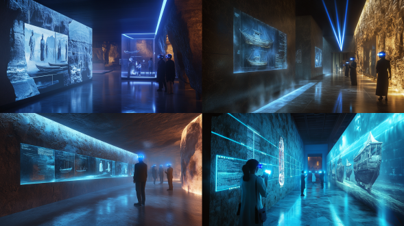 extremely detailed museum corridor, stone walls embedded with holographic timelines showing evolution of chinese wooden boats, visitors wearing ar glasses interacting with floating historical figures, blue laser beams through misty air, cinematic atmosphere, unreal engine 5 rendering, 4k resolution