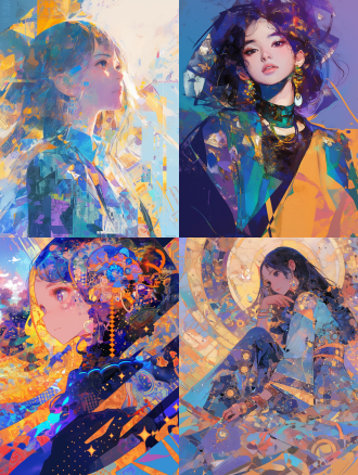 彩色梦幻少女，马赛克风格，抽象背景，对角线构图，少女着彩衣，表情梦幻，丰富色彩，变焦镜头，侧光，幻想氛围。