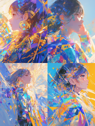 彩色梦幻少女，马赛克风格，抽象背景，对角线构图，少女着彩衣，表情梦幻，丰富色彩，变焦镜头，侧光，幻想氛围。