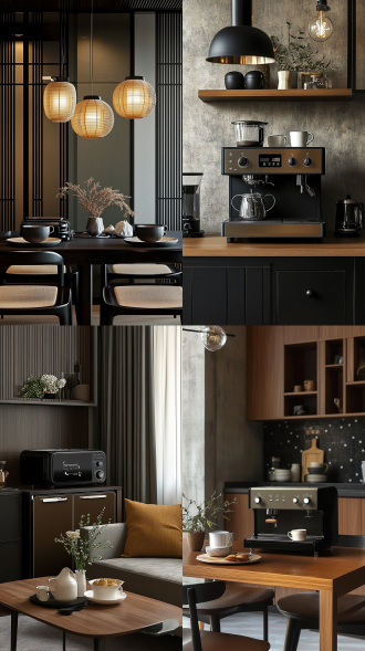 棕色黑色家居，咖啡机置于桌上，对称构图，现代简约风，室内暖光，长焦镜头，高饱和度，沉稳氛围。