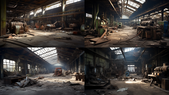 在一个荒废已久的机械工厂车间，地面满是灰尘与斑驳锈迹。四周摆放着陈旧、废弃的大型机械，钢铁外壳上坑洼不平，部分零件外露。车间的墙壁是的水泥，墙皮脱落，露出内里粗糙的砂石。在一张破旧的工作台上，“硬派” 台球杆静静放置，台球杆硬朗的线条与这充满工业气息的破败环境相呼应，彰显不羁的个性。 干净背景 黑金 废墟 疯狂麦克斯