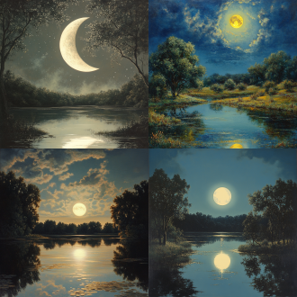 天上一轮明月，一潭水中有月亮的倒影，水面平整无痕，古典风格，高清