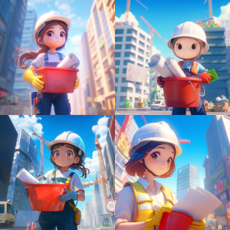 3d卡通头像，白色安全帽，停在十字路口，一手拿图纸，一手拿红色塑料桶，桶里有生活用品，背景是模糊的高楼大厦元素。人物形象是主体，背景稍微显示。