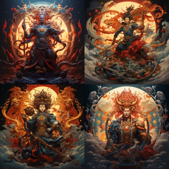 哪吒三头八臂与持金箍棒孙悟空对峙，对称构图，神话场景，冷蓝暖红配色，长焦镜头，顶光，紧张，气势恢宏。