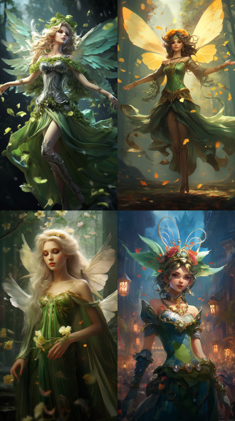 精灵族女孩，在花丛里跳舞，穿着绿色的衣服，背上长者翅膀，风格明快，头上带上精灵王冠，身上多带些首饰