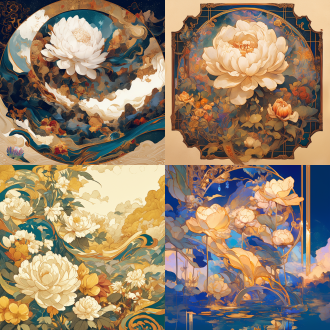 花绽秘境，花卉繁荣的景象，新艺术运动曲线+敦煌藻井纹样构成基础框架，融入凯尔特绳结元素象征无限，花瓣肌理叠加浮世绘浪花笔触，ai艺术风格