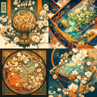 花绽秘境，花卉繁荣的景象，绿色橙花，新艺术运动曲线、融入凯尔特绳结元素象征无限，花瓣肌理叠加浮世绘浪花笔触，ai艺术风格