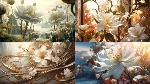 花开秘境，白色花朵郁郁葱葱，新艺术曲线与凯尔特打结，花瓣浮世绘笔触，远景，暖光浅景深，8k，逼真纹理，梦幻氛围。