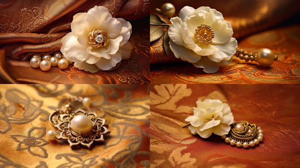 珍珠山茶花配拜占庭金饰，居中构图，古典油画风，暖棕背景，柔光，特写镜头，奢华优雅，珠宝质感。
